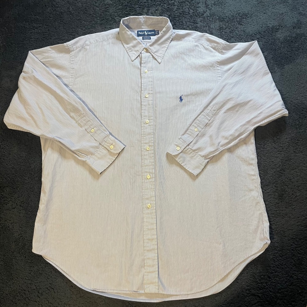 Ralph Lauren Button Down Mens 17 Blue Striped Yarmouth Cotton Preppy Classic